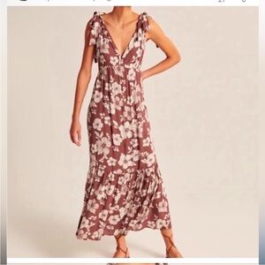 Abercrombie & Fitch Tie Strap Hawaiian Floral V Neck Maxi Dress Orange Small